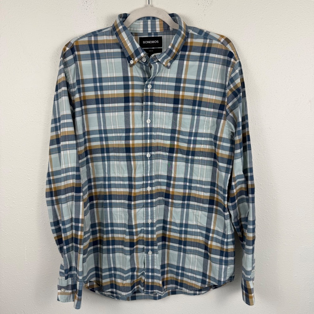 Bonobos Mens Slim Fit Plaid Button Down Shirt Blue Teal Mustard Large L Regular